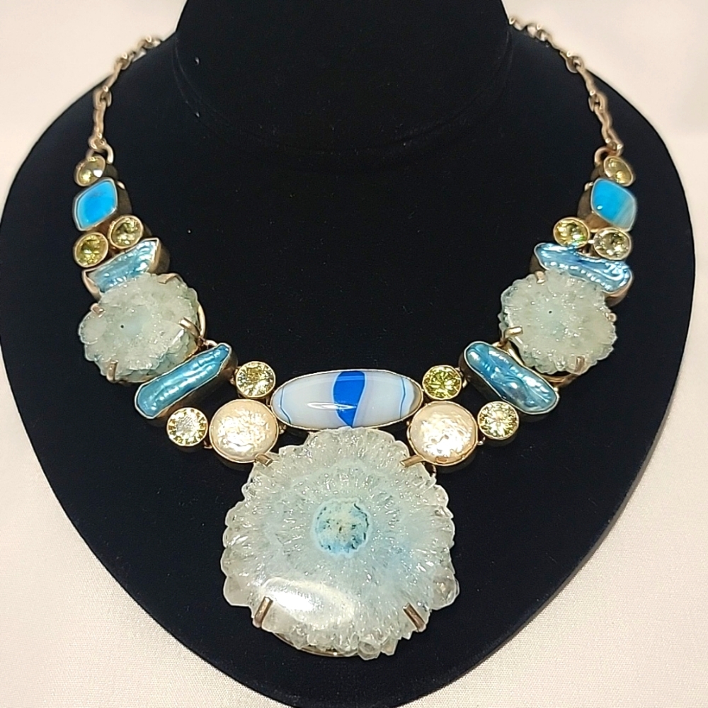Vintage Sterling Silver Light Blue Solar Quartz Multi Gemstone Necklace